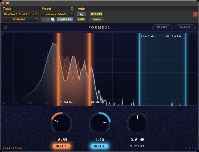 Band 1 sits around the male vocal's first formant and eases it down — deep throat, more chest. Band 2 lifts the presence range up top, keeping the voice clear.