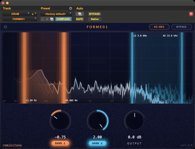 On a drum loop, Band 1 shifts the muddy region downward and stretches the low end, while Band 2 brightens the snare and hats — a natural kind of change you don't quite get from EQ. HI-RES adds some latency, but it's what lets the effect reach all the way down into the low end.