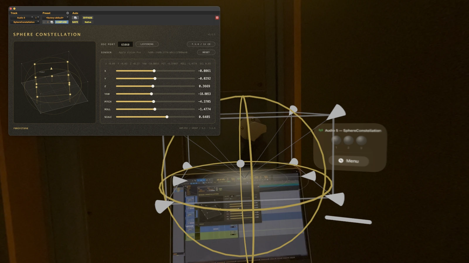5.1 and 7.1.4 tracks can now move as they are — travel, scale and rotate as one. SphereConstellation connects to Sphere Flow: pinch with both hands and move the whole constellation freely. Connecting from the app unlocks with the Creative Pack. (SphereConstellation also works on its own as a plug-in — genuinely handy: a whole bed, moved simply and freely.)