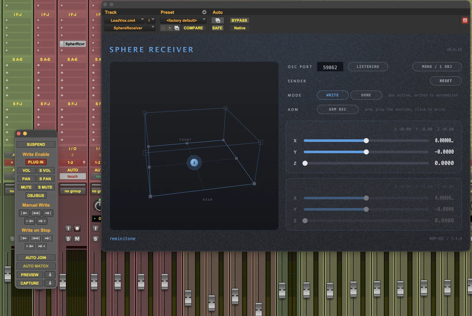Set the track ready to write automation — Touch mode here, with PLUG IN write-enabled.