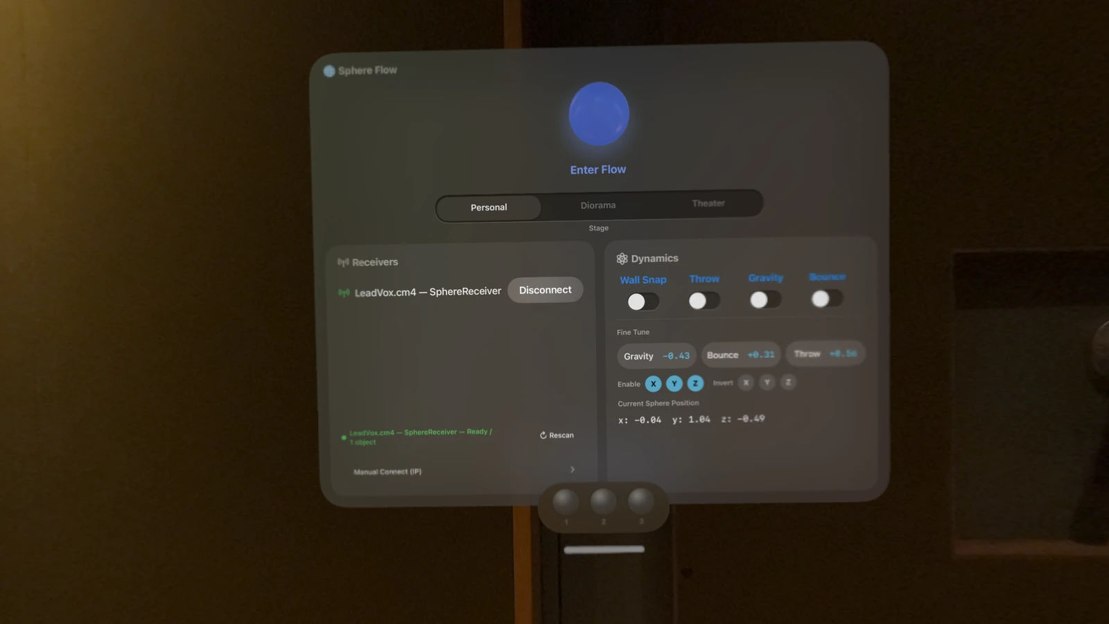 Put on Vision Pro and launch Sphere Flow. Check it has found the instance you inserted — Sphere Flow lists every instance on the same Wi-Fi network.