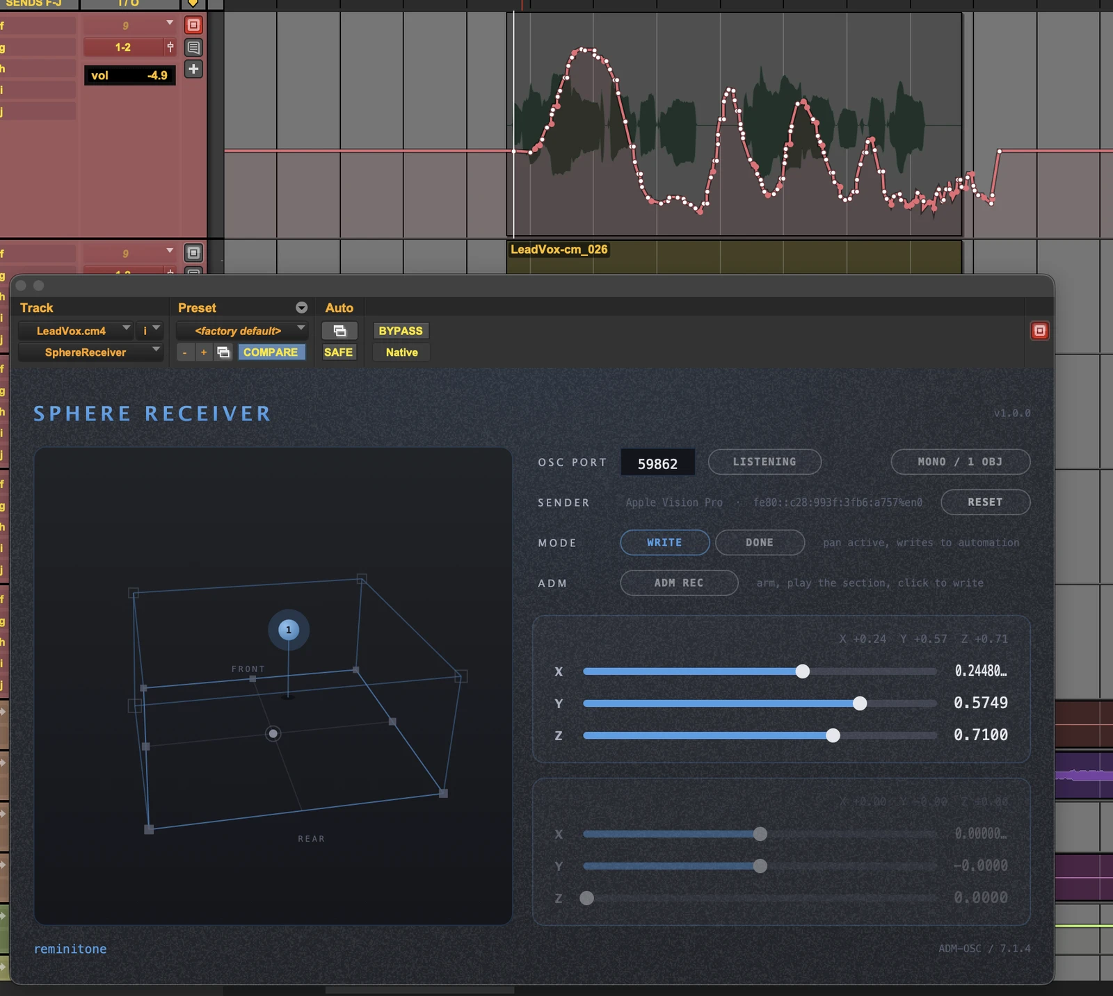 The automation is drawn. Until now, this was as far as it went — and as sound, it is already enough. But the joy of a mixer lies elsewhere: in the Pro Tools panner moving, in the ball in the Dolby Atmos Renderer moving. Every mixer knows the feeling.