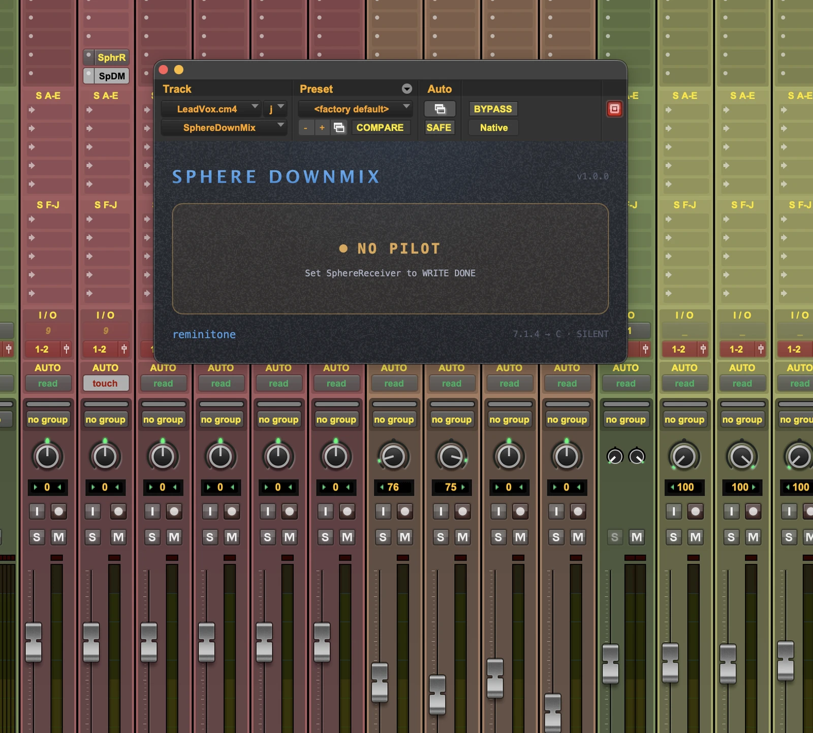 So here is the flow we built to make that dream real. Insert SphereDownMix in slot J — the same width the track originally was. At this stage, a NO PILOT alert is showing.